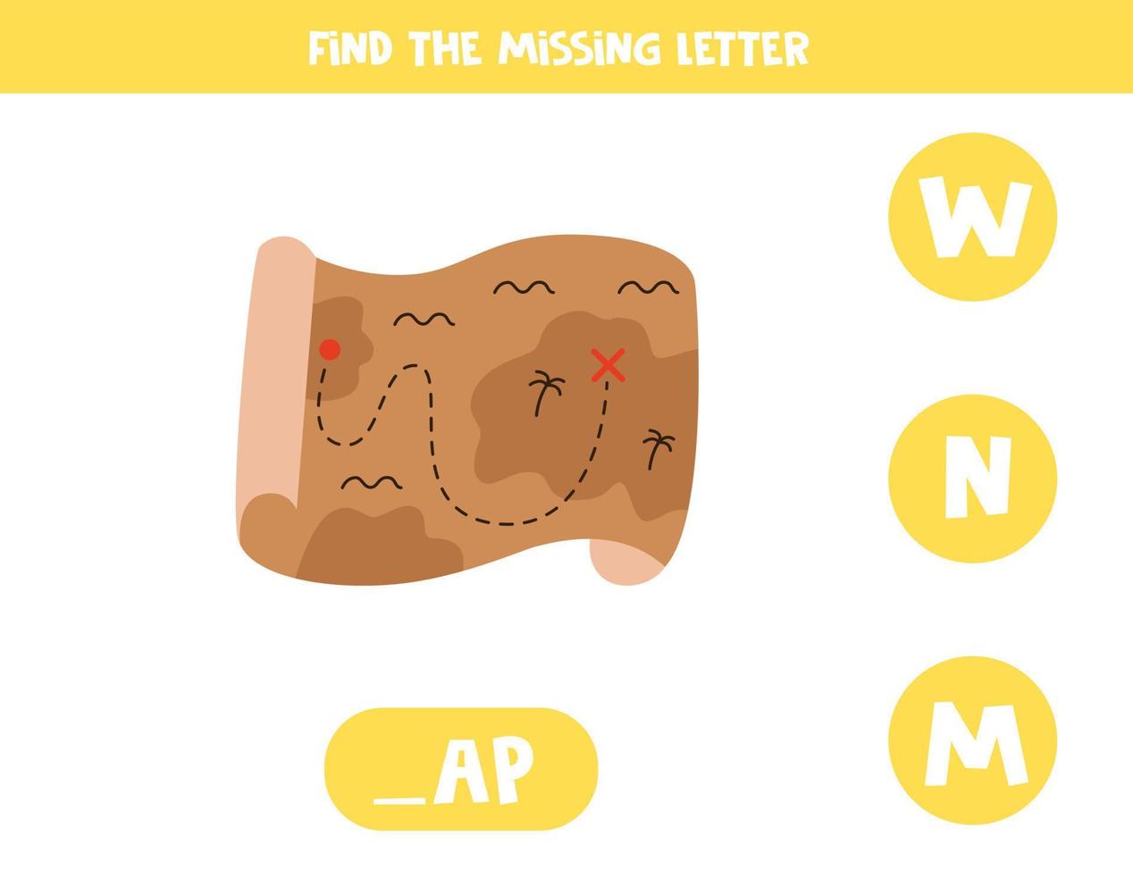 Find missing letter with old pirate map. Spelling worksheet. vector