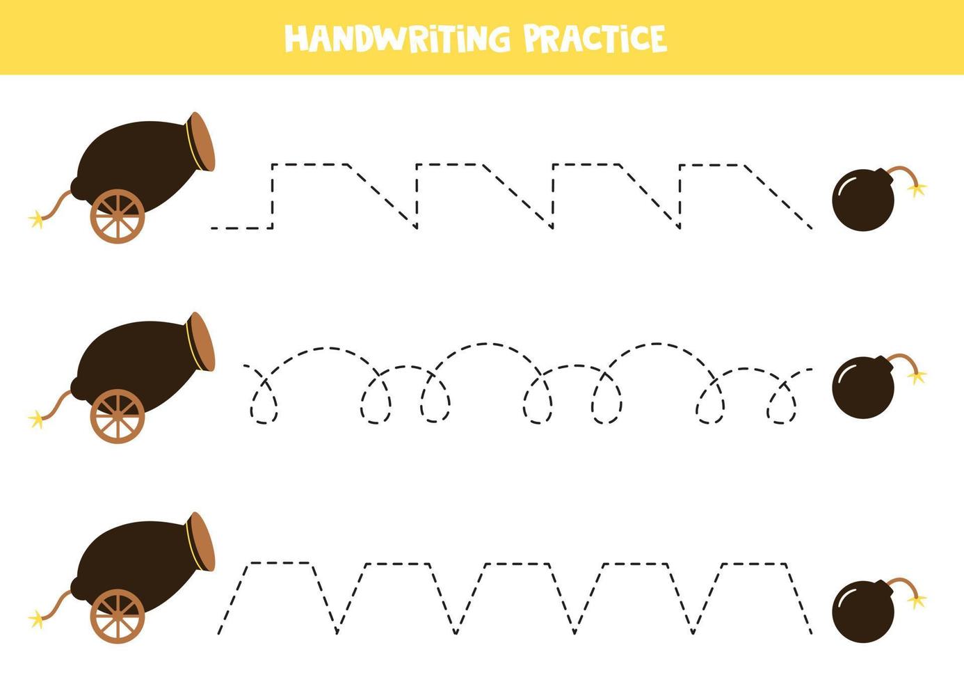 Tracing lines for kids. Cartoon cannon and bombs. Writing practice. vector