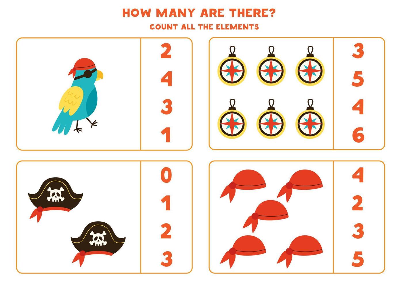 Counting game with cartoon pirate elements. Educational worksheet. vector