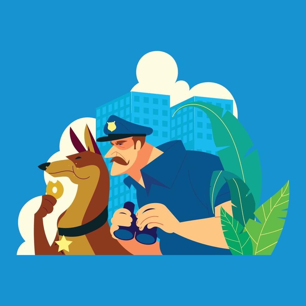 policía y su perro comiendo su donut vector