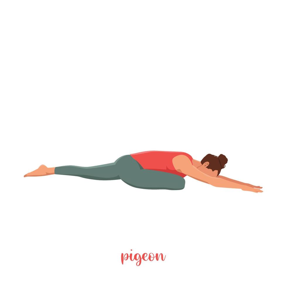 Woman doing Pigeon Pose or Eka Pada Rajakapotasana Yoga pose. Flat vector illustration isolated on white background
