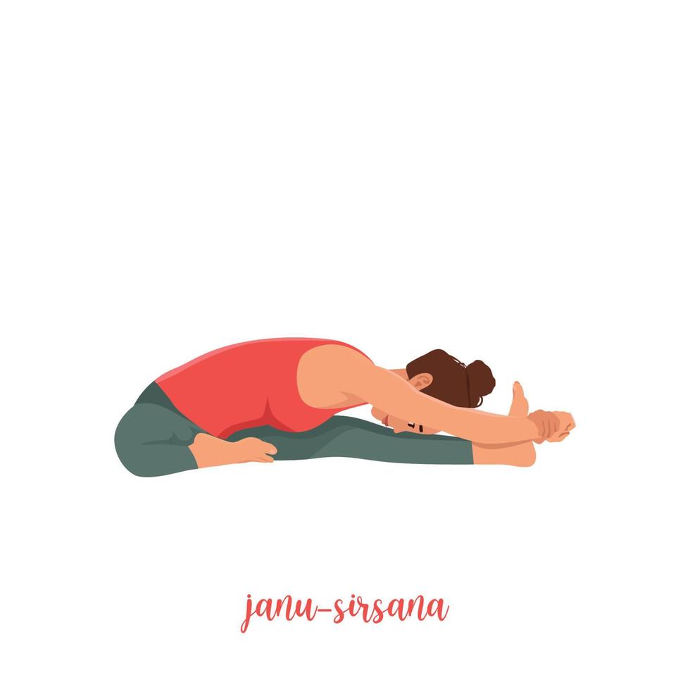 Woman doing yoga janu sirsasana head to knee pose. Flat vector illustration isolated on white background