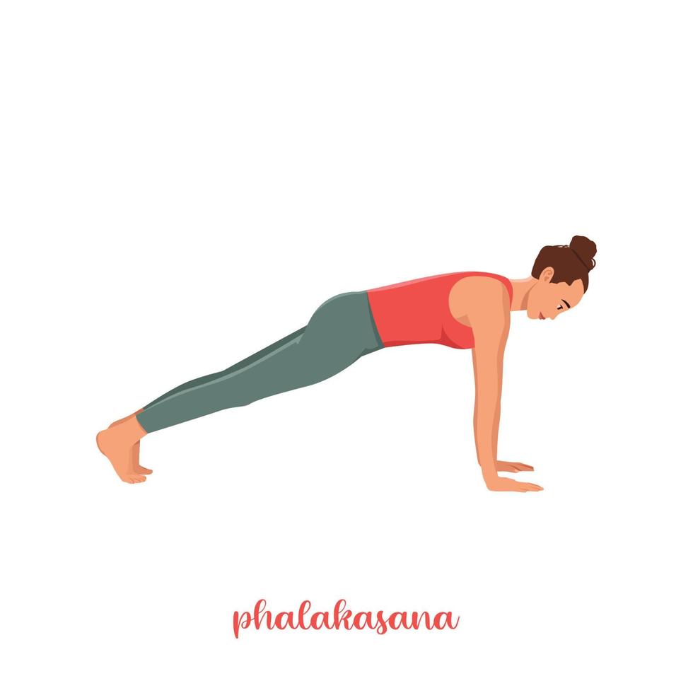 Woman doing plank pose exercise or Phalakasana. Flat vector illustration isolated on white background