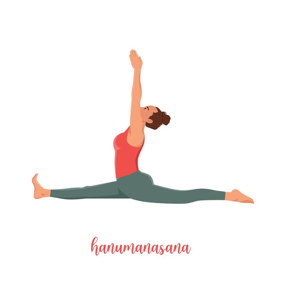 mujer haciendo pose de yoga, pose de mono es una asana en hatha yoga, pose de hanumanasana. ilustración vectorial plana aislada sobre fondo blanco vector