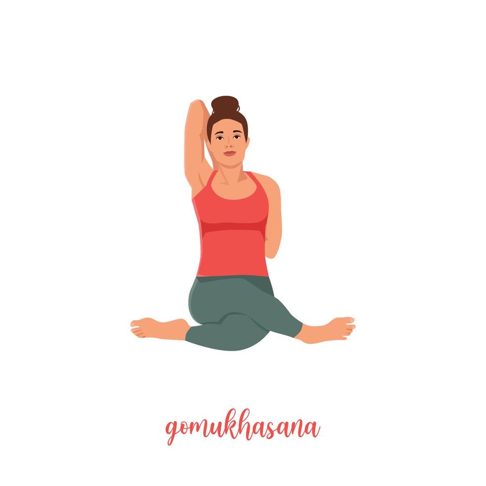 Woman doing Cow Face Pose or Gomukhasana asana in hatha yoga. Flat vector illustration isolated on white background