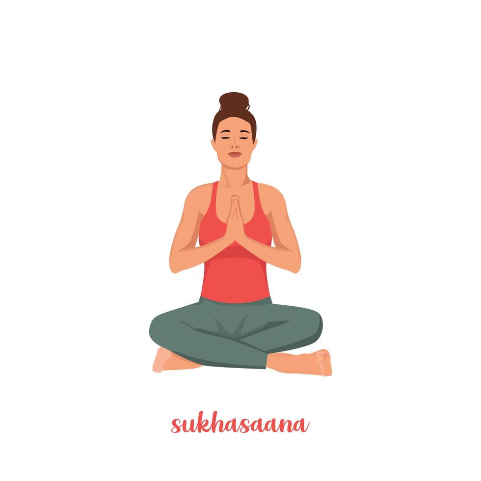 mujer haciendo sukhasana yoga. meditar en postura de loto, ejercicio de relajación, postura de asiento fácil. asanas ilustración vectorial plana aislada sobre fondo blanco vector