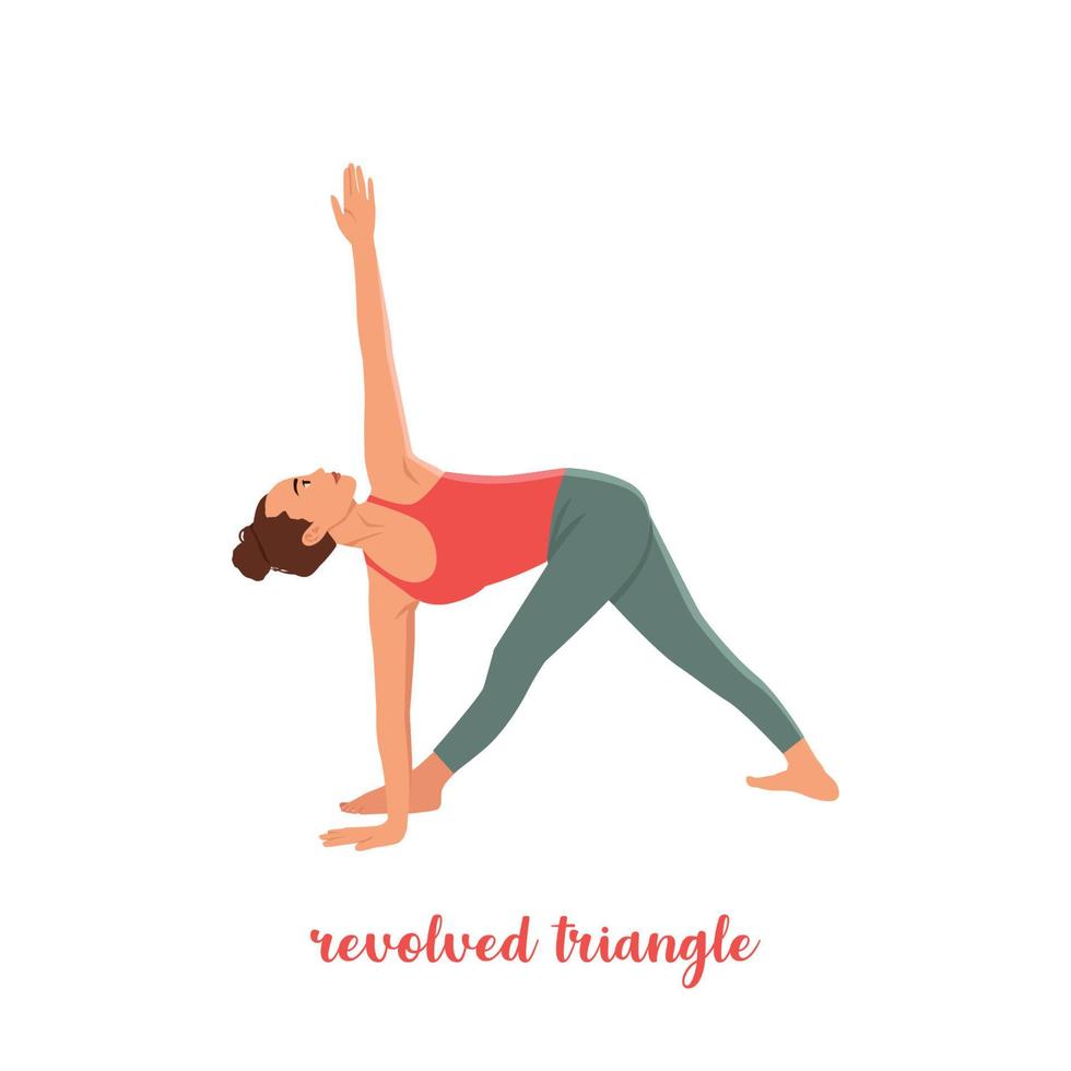 Women doing Revolved Triangle Yoga Pose. Parivrtta Trikonasana. Flat vector illustration isolated on white background