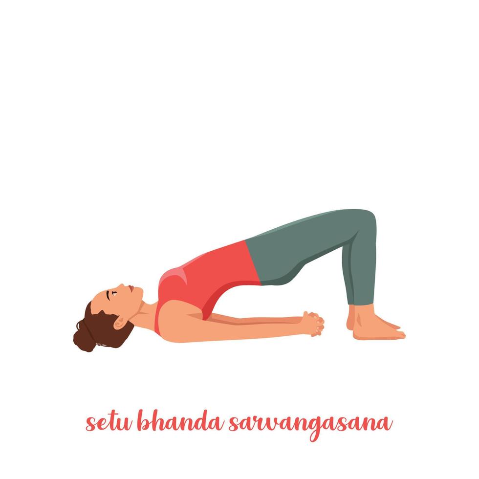 Woman doing Yoga Setu Bandha Sarvangasana Chakrasana. Yoga pose of bridge. Physical health. Flat vector illustration isolated on white background