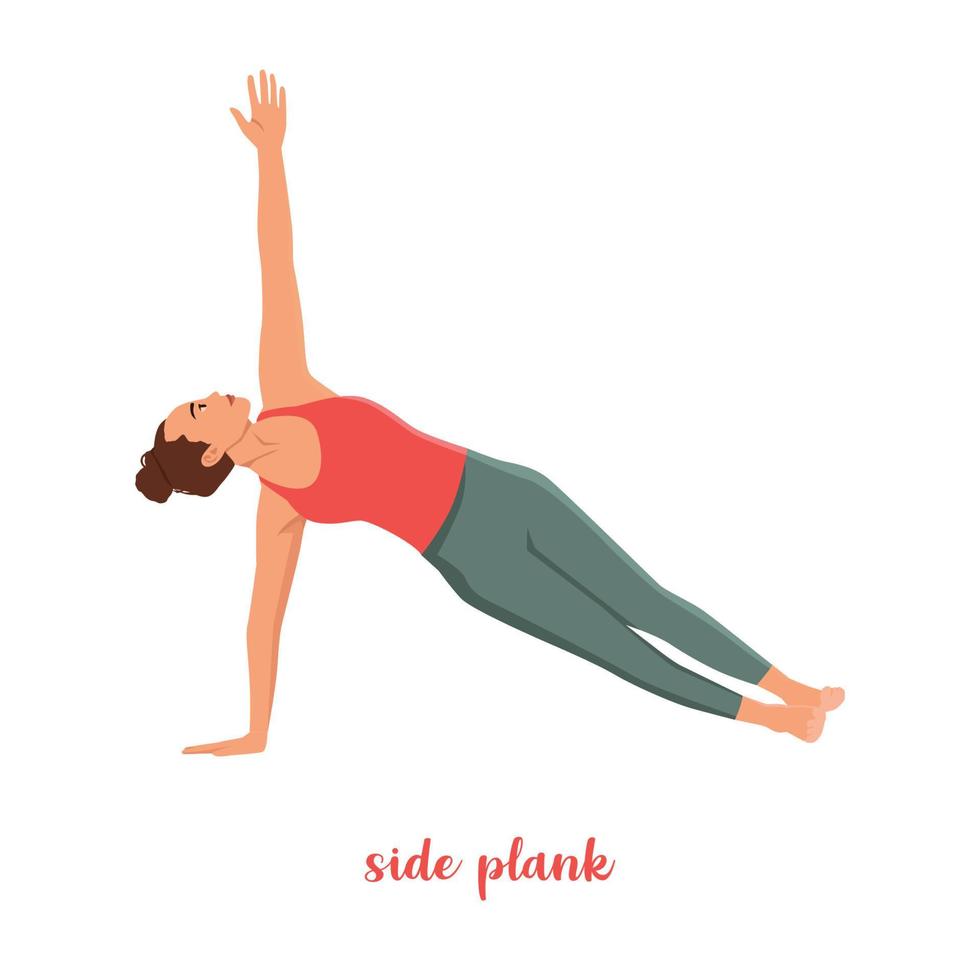 Woman doing side plank for abdominal workout. Flat vector illustration isolated on white background