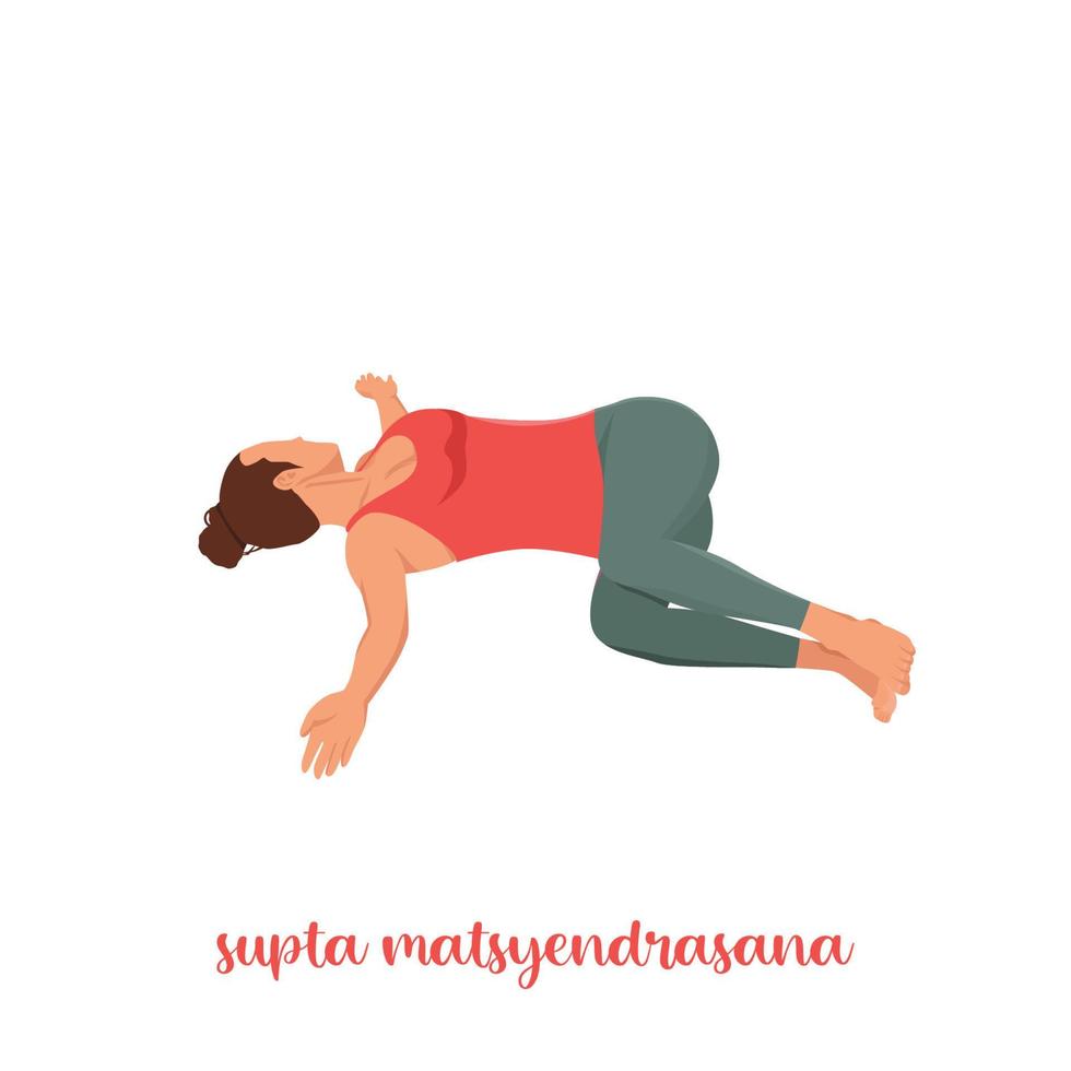 Woman doing Supta Matsyendrasana yoga pose, Reclined Spinal Twist pose. Flat vector illustration isolated on white background