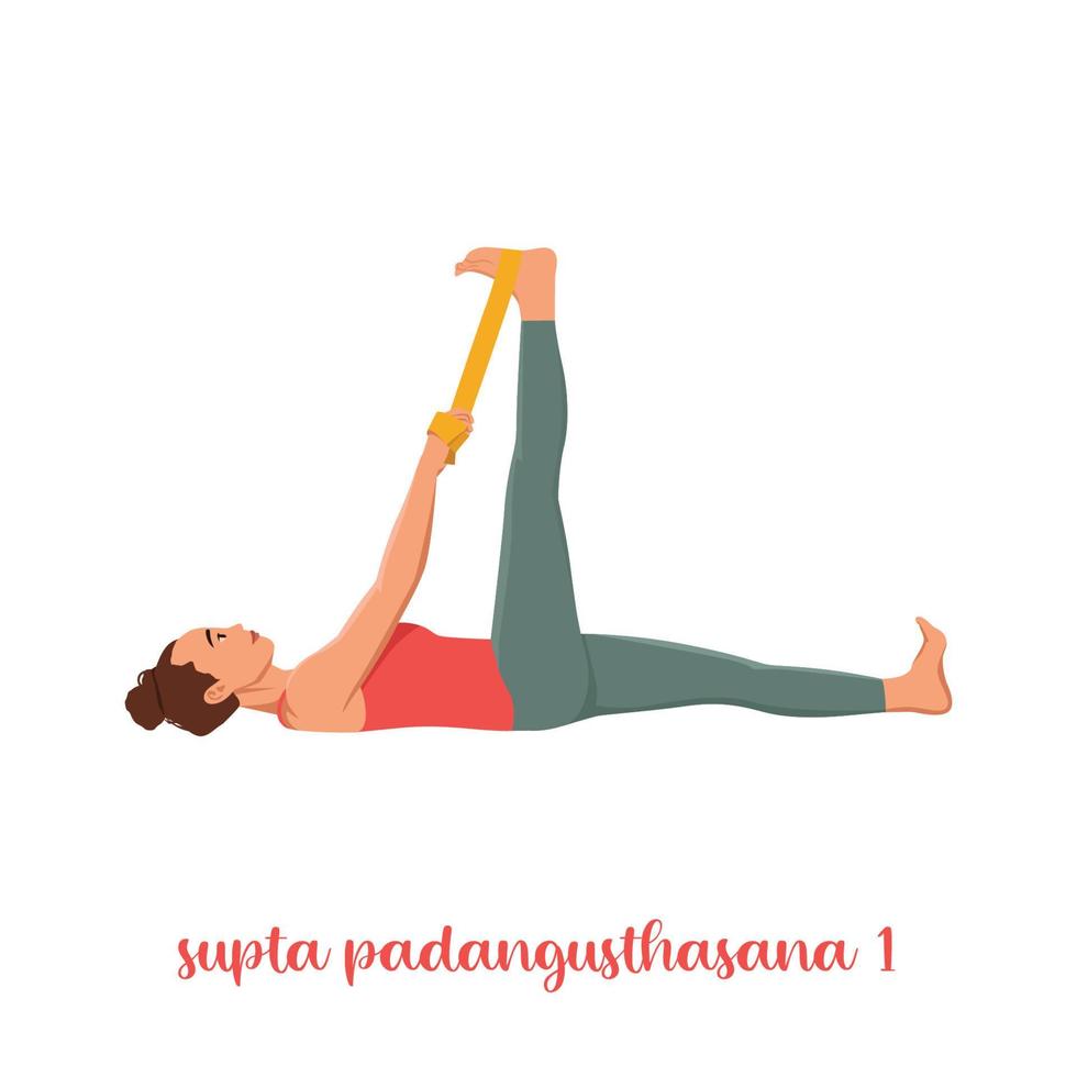 Woman doing stretching yoga exercise called Supta Padangusthasana. Flat vector illustration isolated on white background