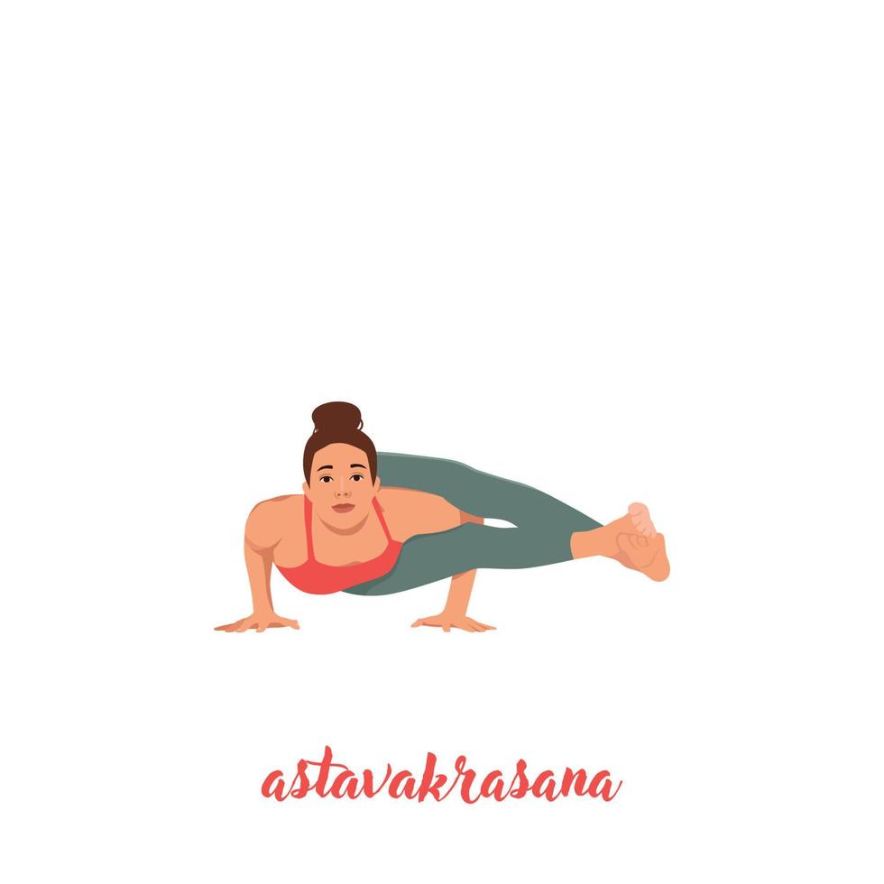 Woman practicing yoga, doing arm stand Astavakrasana, asymmetrical arm balance Eight-Angle Pose. Flat vector illustration isolated on white background