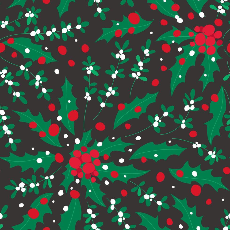 patrón navideño de muérdago y acebo sobre un fondo oscuro vector
