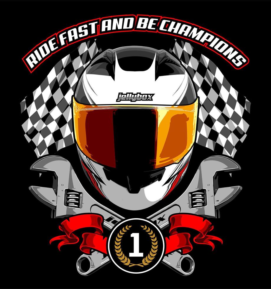 full face helmet and wrench racing flag background vector