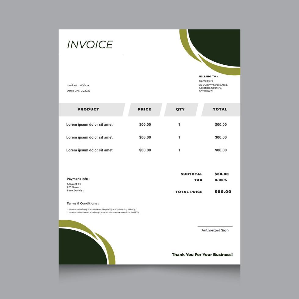 Editable business invoice template. Print ready invoice for your business. Design for Letterhead, Receipt, Invoice, Order form, Proforma. Vector template