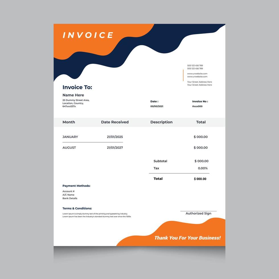 Editable business invoice template. Print ready invoice for your business. Design for letterhead, receipt, invoice, order form, proforma. Vector template