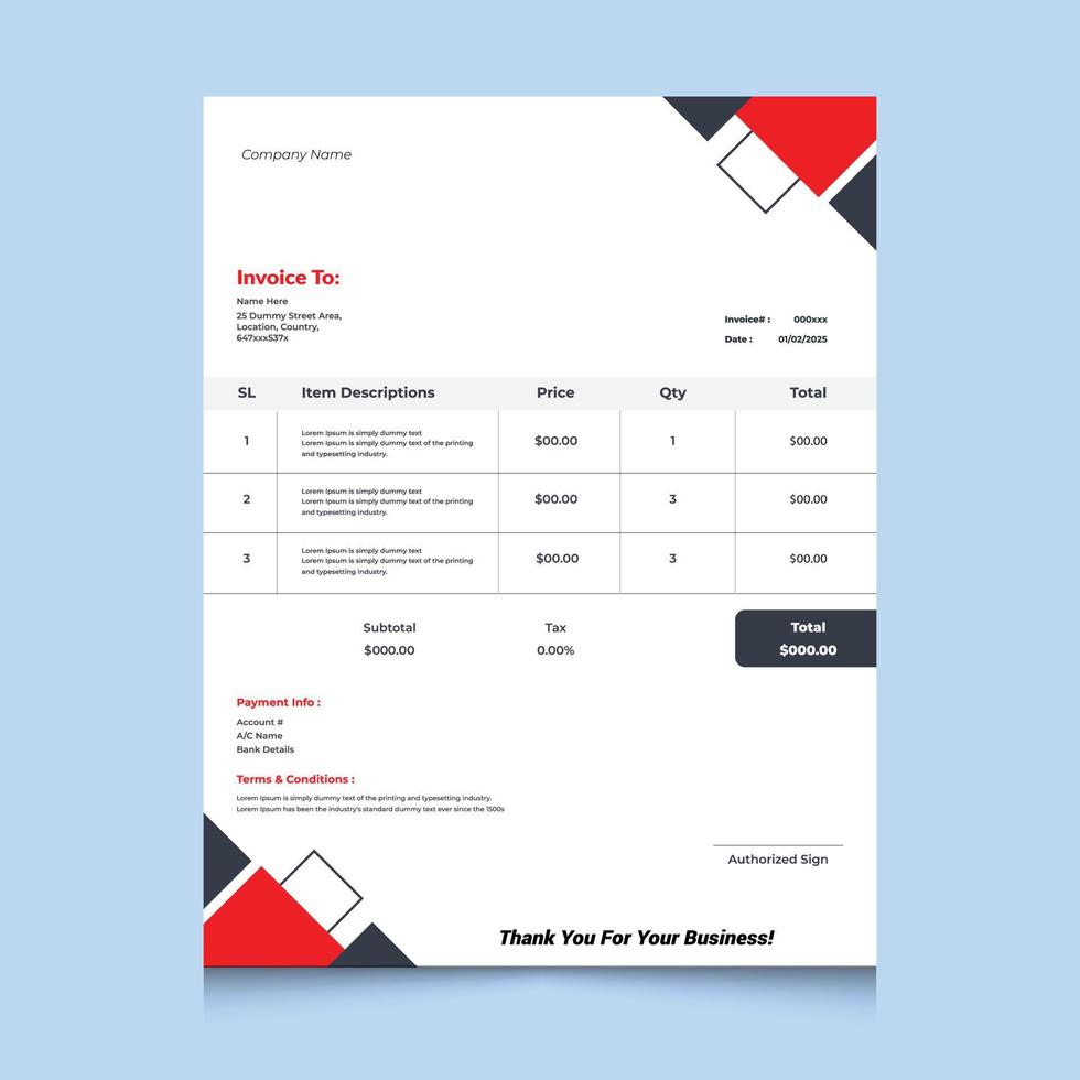 plantilla de factura comercial profesional. diseño para recibo, factura, membrete, formulario de pedido, proforma. plantilla vectorial editable y lista para imprimir vector