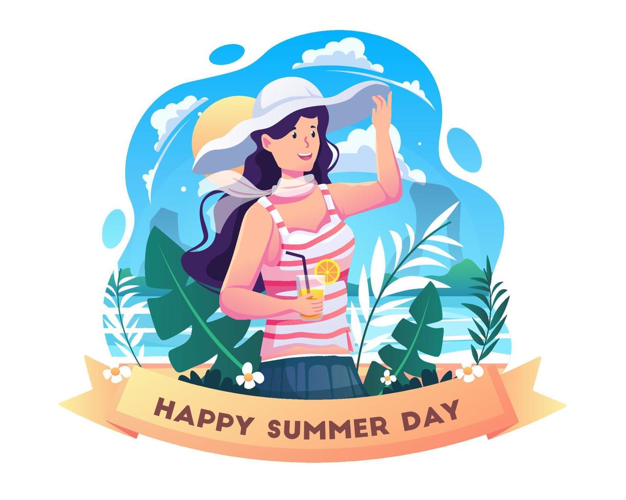 a beautiful girl wearing summer clothes with a white hat is holding a drink enjoying summer on the beach. Woman in summer on the background blue sea and sky concept. Flat style vector illustration