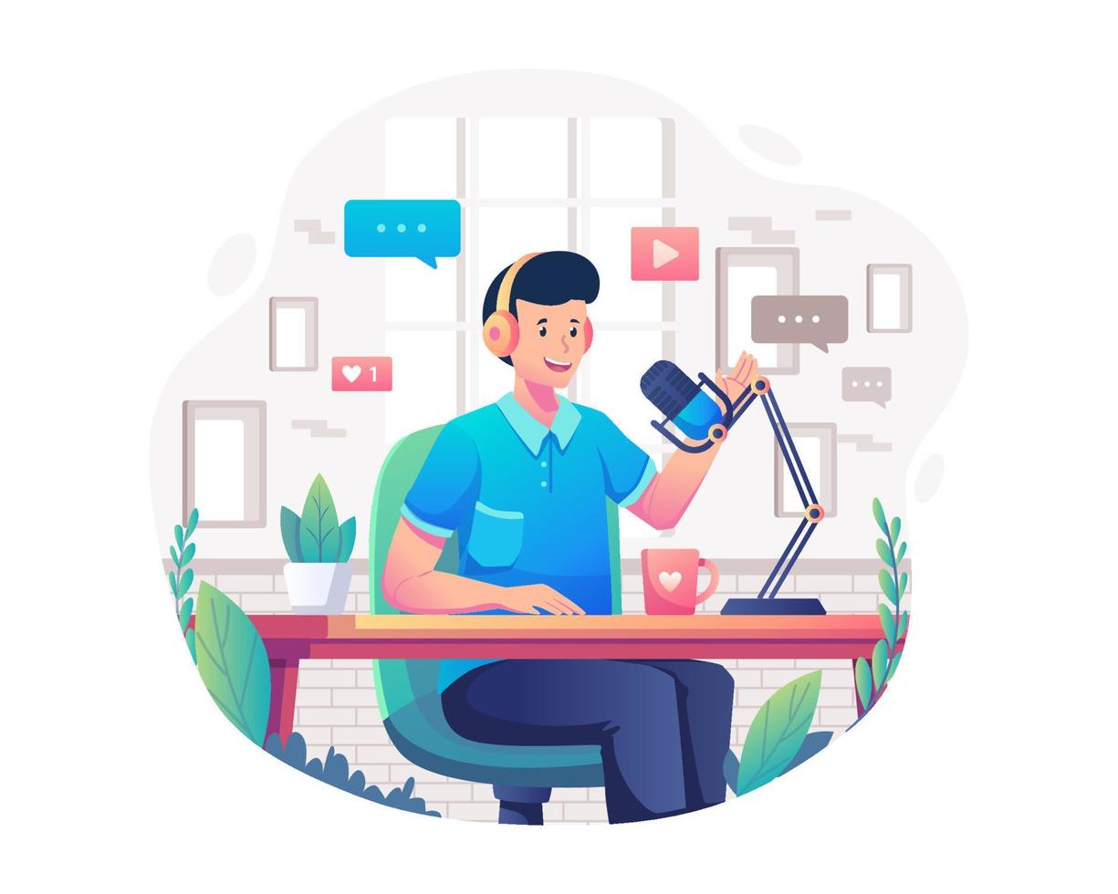 un hombre podcaster con auriculares sentado en una mesa está grabando una transmisión de audio digital. podcast en el estudio. ilustración vectorial de estilo plano vector