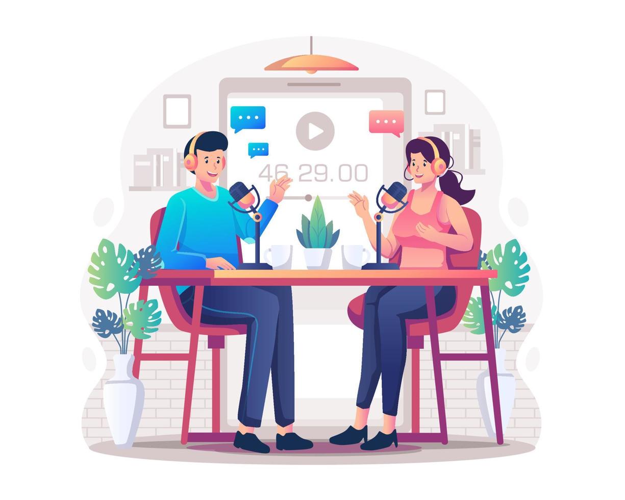 Podcast concept illustration with a host man in headphones interviewing a guest woman in a broadcast live-streaming. Man and woman in Podcast on the studio. Flat Style Vector Illustration