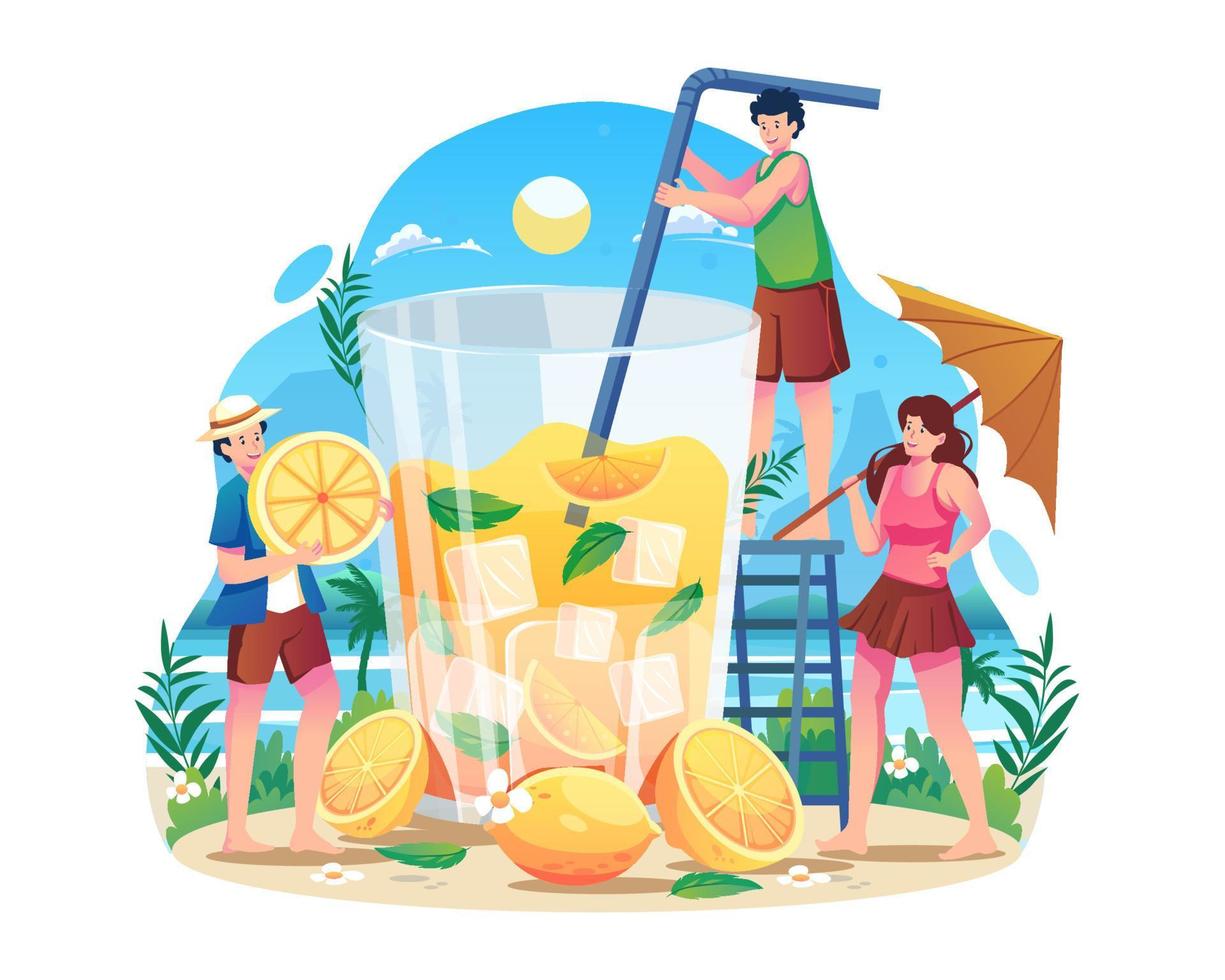 gente con un gran cóctel de verano. hombre y mujer hacen jugo de limón en un vaso gigante para la fiesta de verano. ilustración vectorial de estilo plano vector