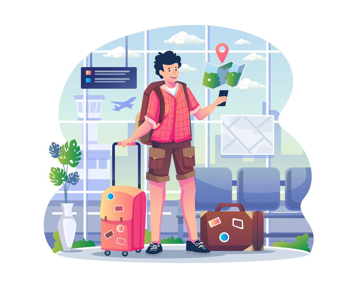 a young man with a backpack and suitcase holding a smartphone looking for a vacation or holiday destination map at the airport. Vector illustration in flat style
