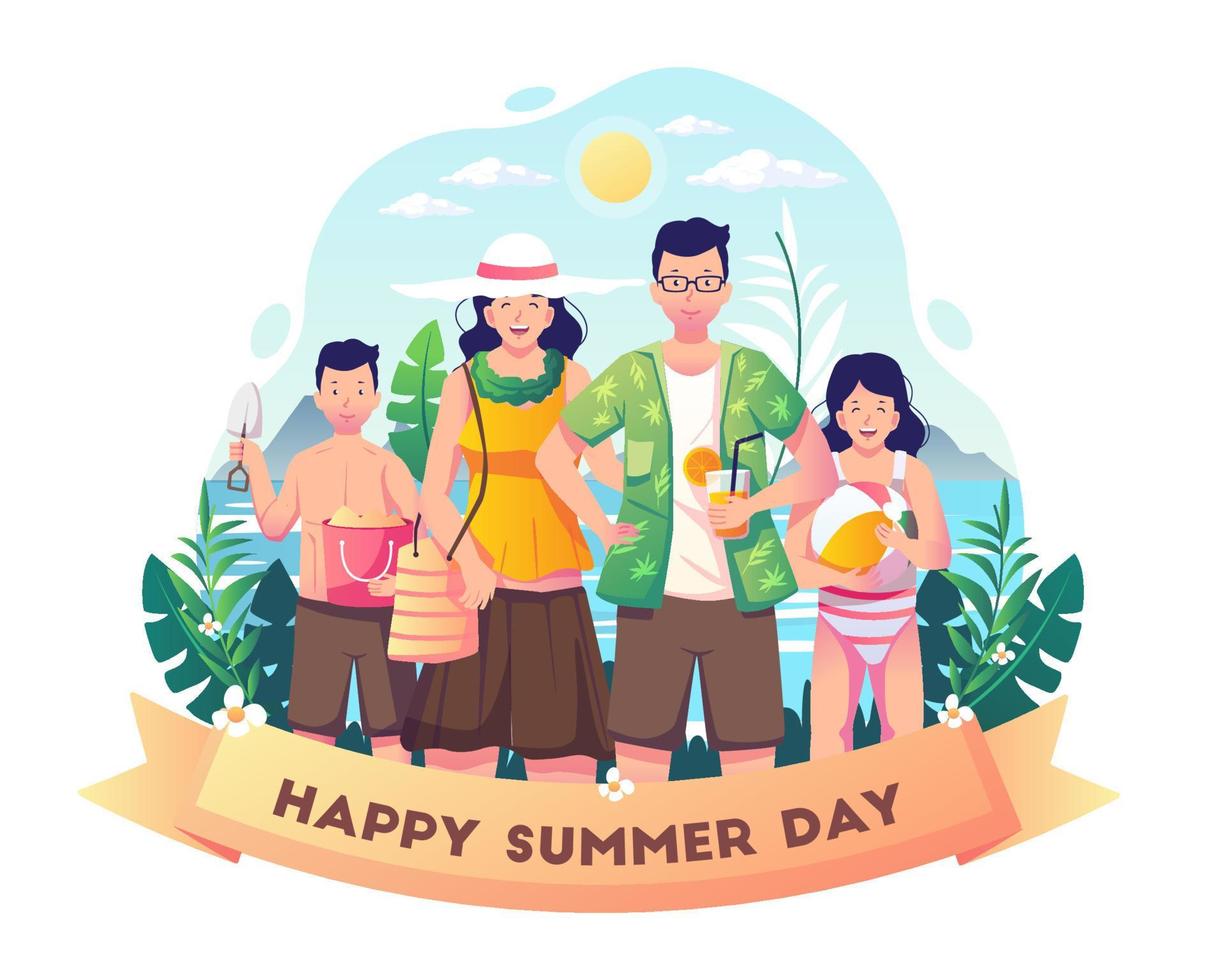 la familia feliz celebra el día de verano en la playa. felices vacaciones de verano. ilustración vectorial de estilo plano vector