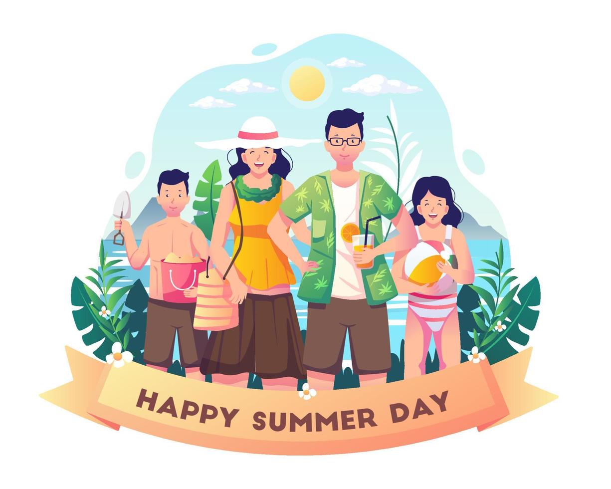 Happy family celebrates summer day on the beach. Happy Summer Day Vacation. Flat style vector illustration