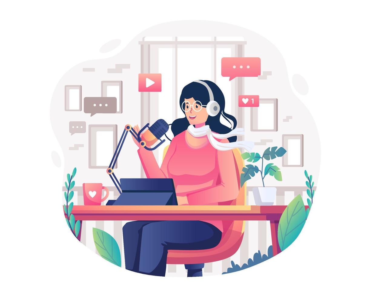 A Podcaster woman in headphones sitting at a table is recording a digital audio broadcast. Podcast in the studio. Flat Style Vector Illustration