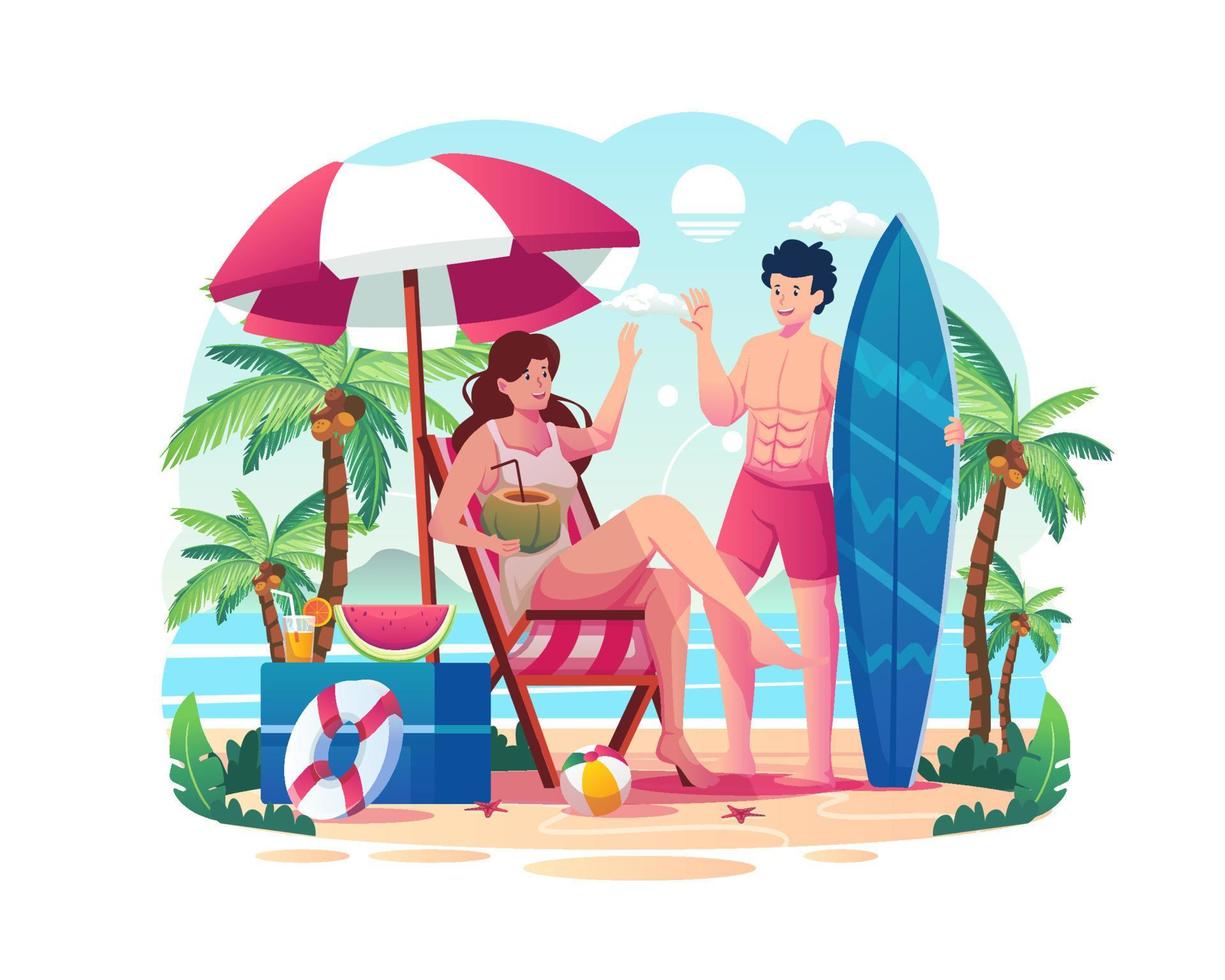 una mujer está sentada en una silla de playa saludando al hombre con una tabla de surf en la playa de verano. la gente pasa las vacaciones de verano. ilustración vectorial de estilo plano vector