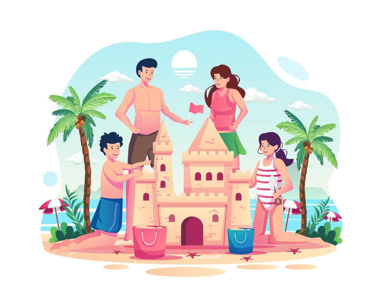 familia pasando vacaciones de verano. padres con sus hijos construyendo un castillo de arena en la playa. concepto de actividades de verano. ilustración vectorial de estilo plano vector