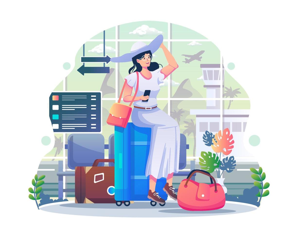 a young woman with a white hat is sitting on a suitcase at the airport going on a vacation or holiday by plane. Vector illustration in flat style