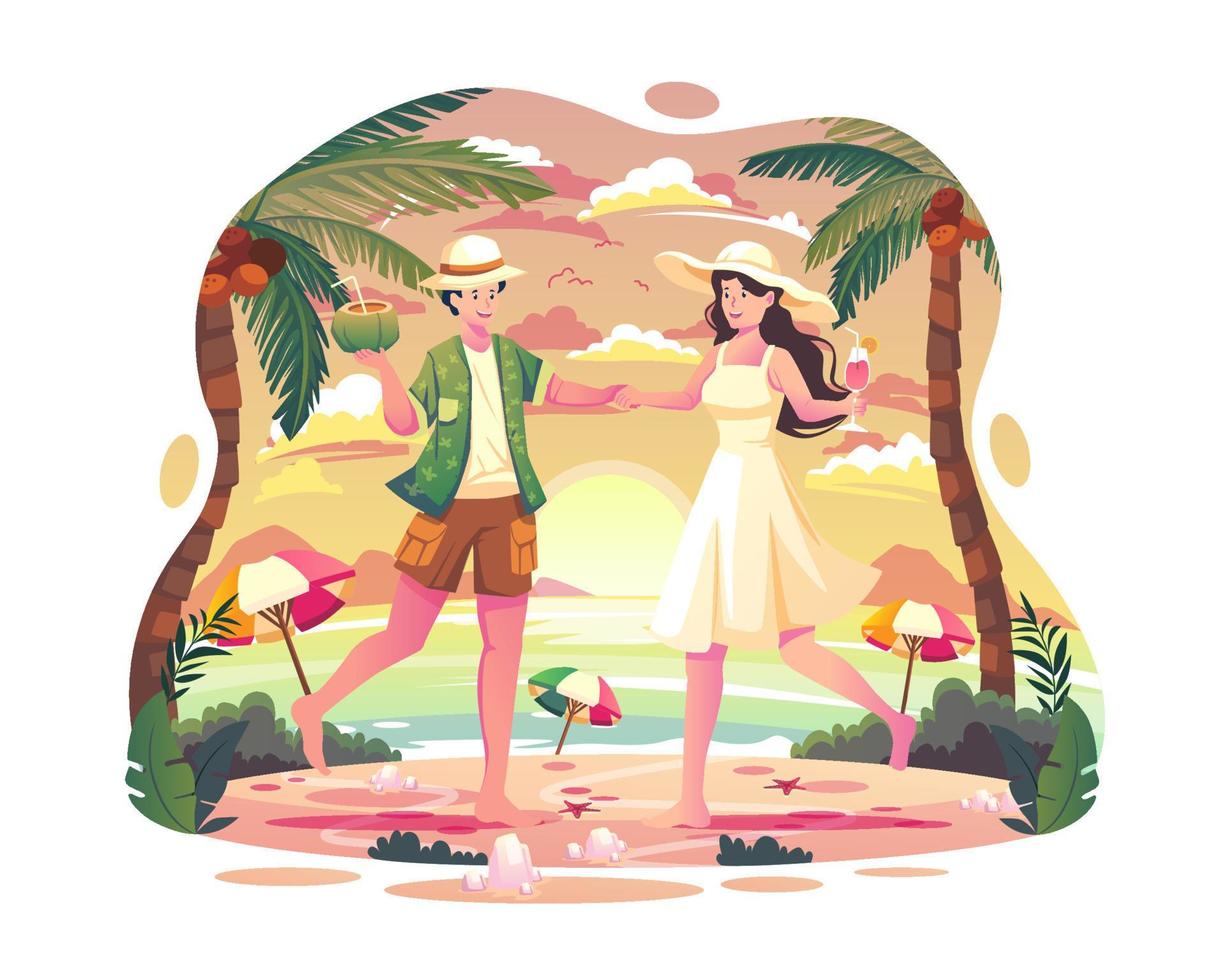 una pareja baila en la fiesta de la playa de verano por la tarde. vector