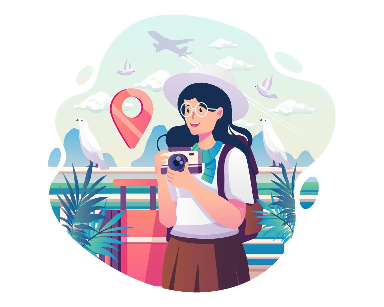 Happy young woman tourist in a white hat holding the camera to take photos during the tour. Summer vacation or holiday and traveling concept. Vector illustration in flat style