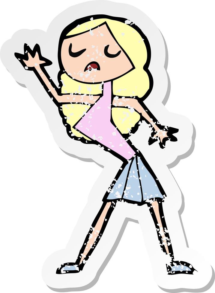 retro distressed sticker of a cartoon woman dancing vector