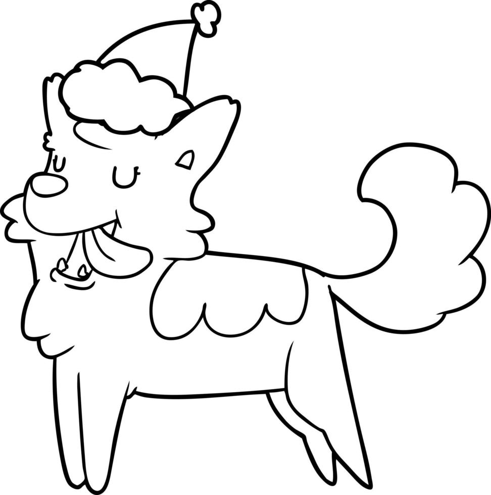 line drawing of a happy dog wearing santa hat vector