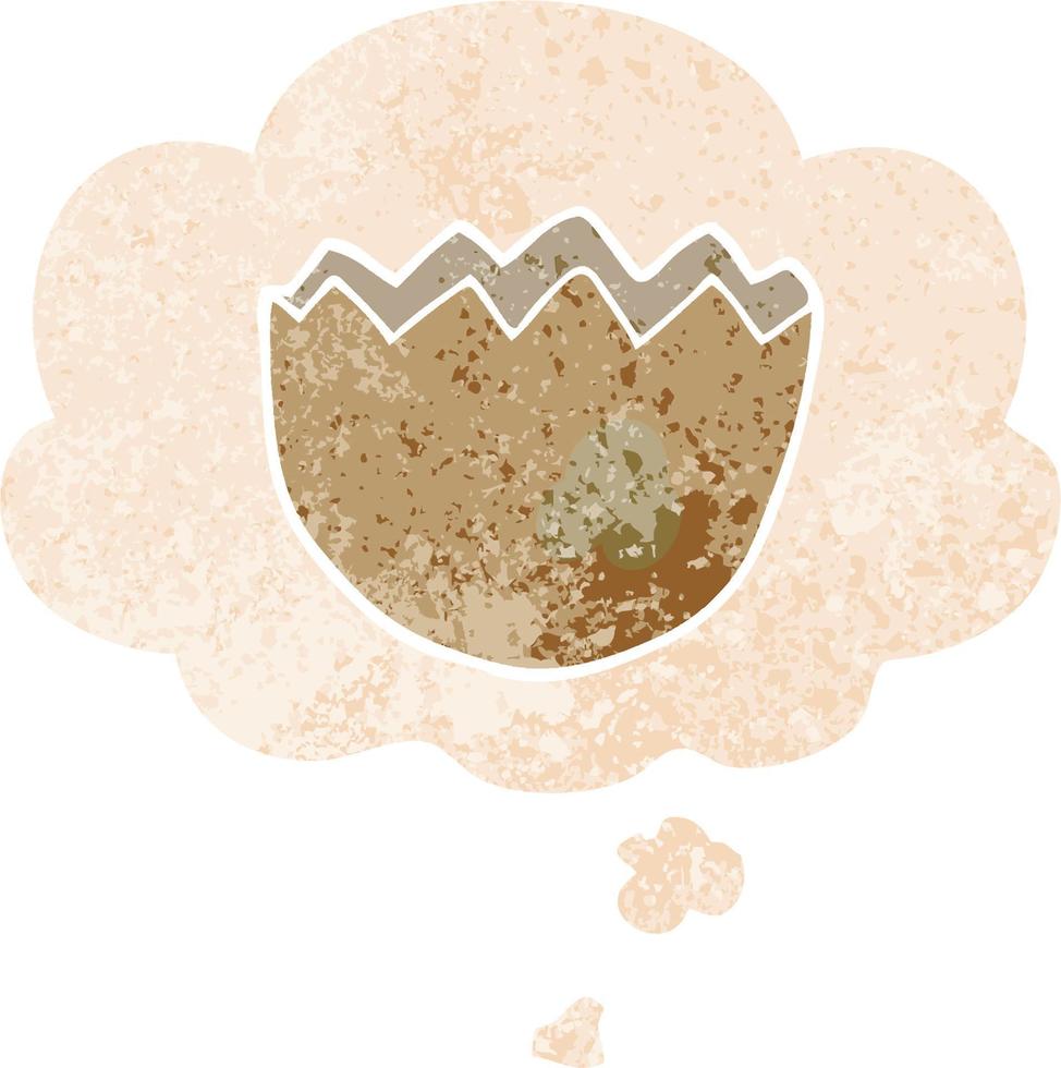 cartoon cracked eggshell and thought bubble in retro textured style vector