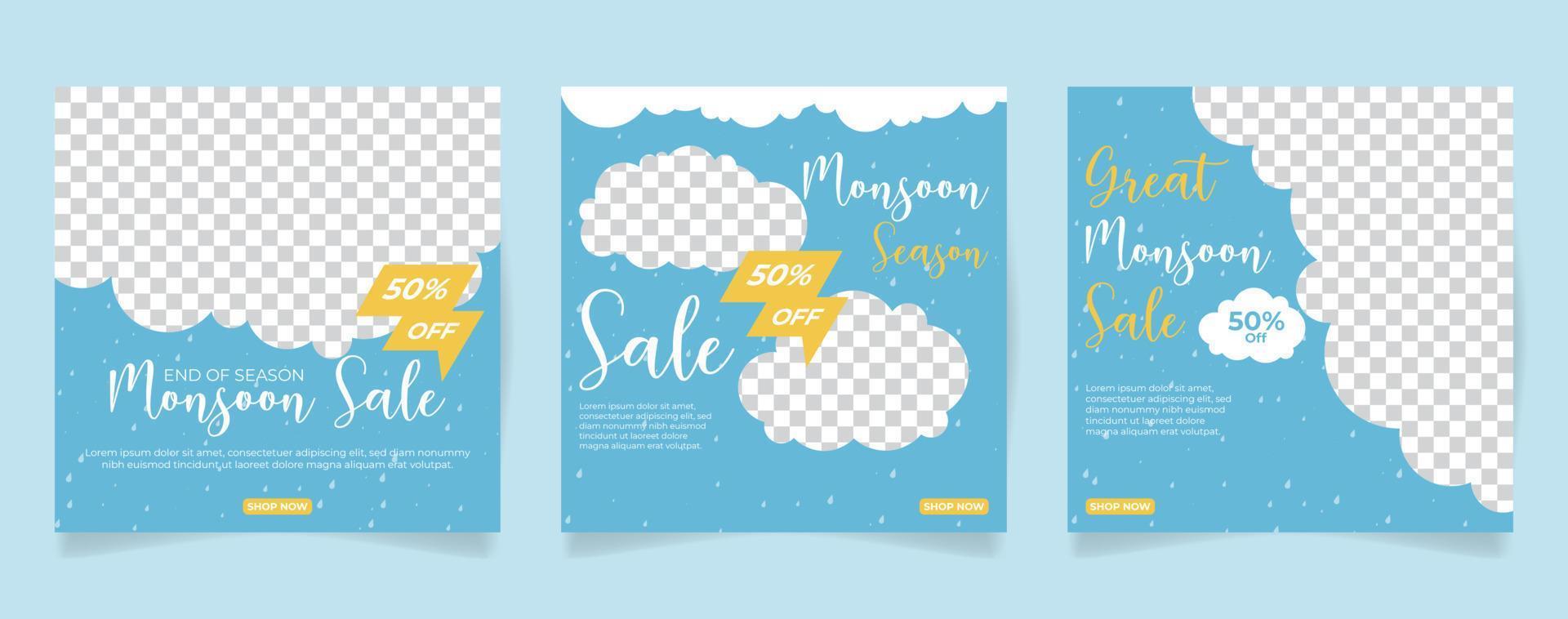 monsoon sale social media post template blue background with clouds and rain vector