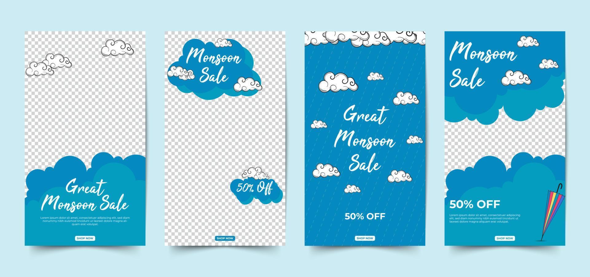 Monsoon season sale stories  social media template with clouds, umbrellas and rain. blue background. vector