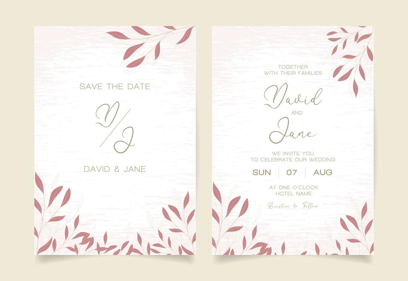 plantilla de tarjeta de invitación de boda con decoración de hojas. fondo de textura abstracta guardar fecha, invitación, tarjeta de felicitación, vector multipropósito