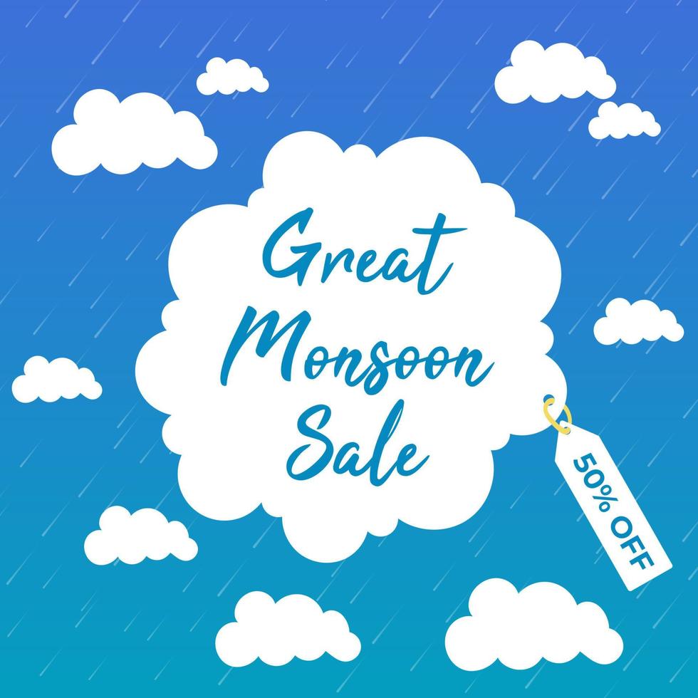 Monsoon season sale blue background with clouds and rain vector