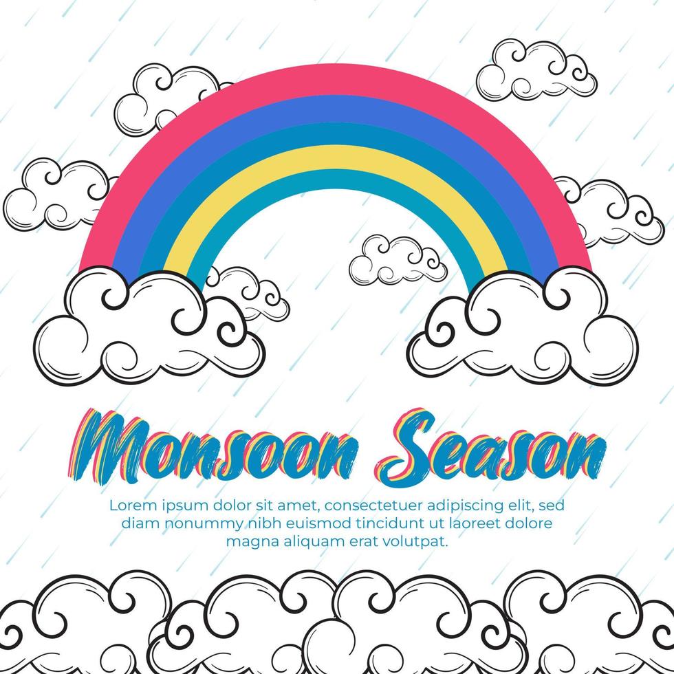 Monsoon season  White background with rainbow, clouds and rain vector