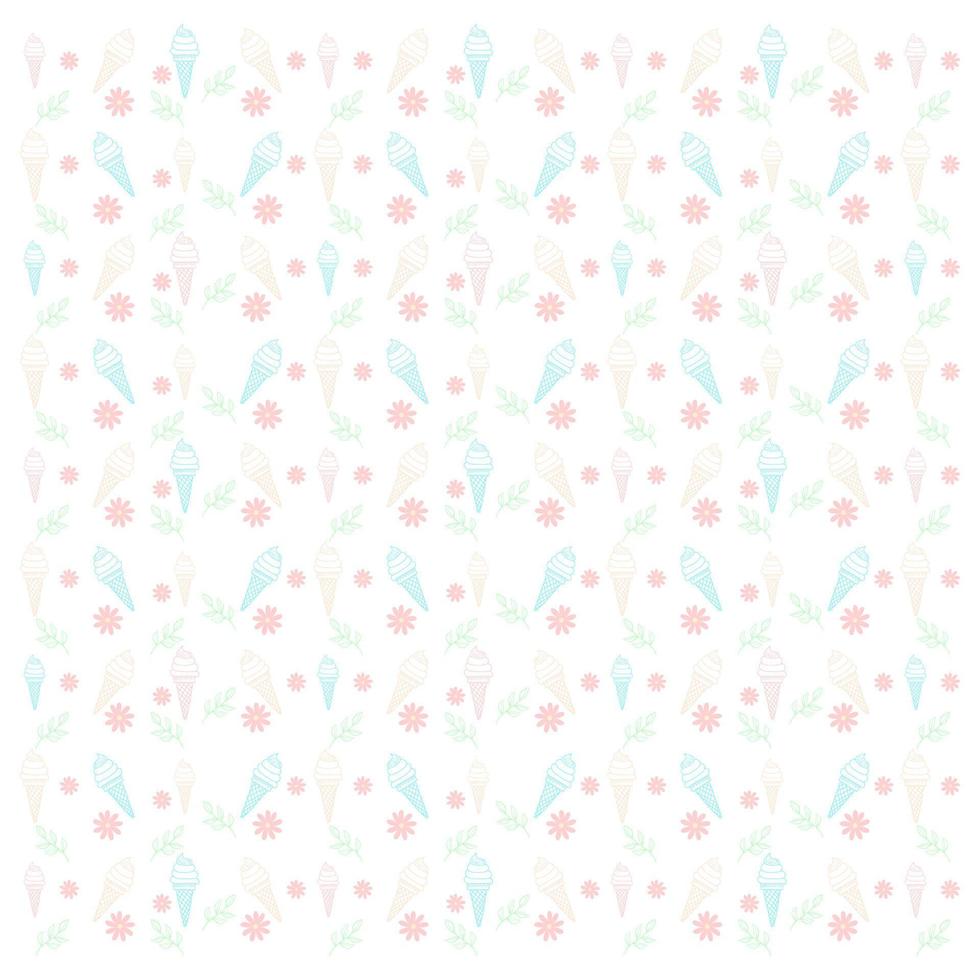 hand drawn pattern of flowers, ice cream and leaves in pastel colors vector