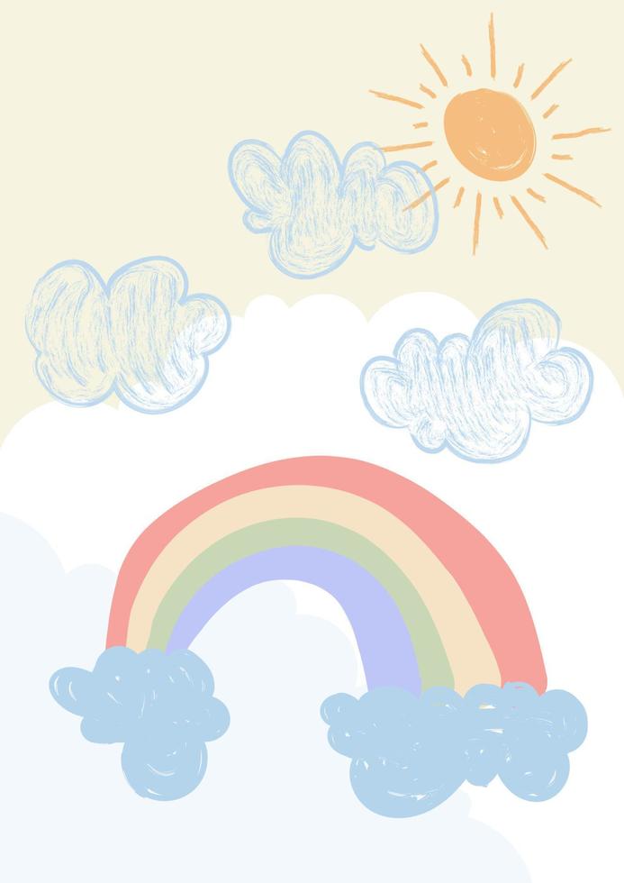 rainbow, cloud and sun children's hand drawing vector