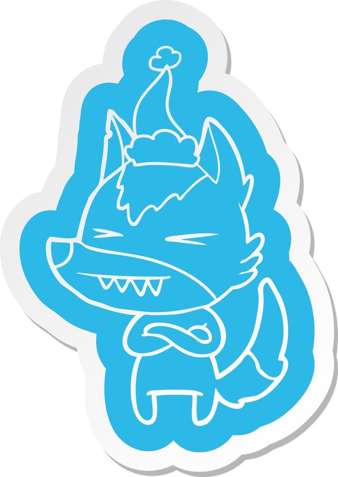 angry wolf cartoon  sticker of a wearing santa hat vector