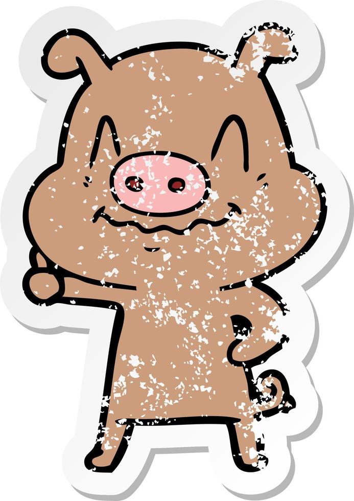 distressed sticker of a nervous cartoon pig vector