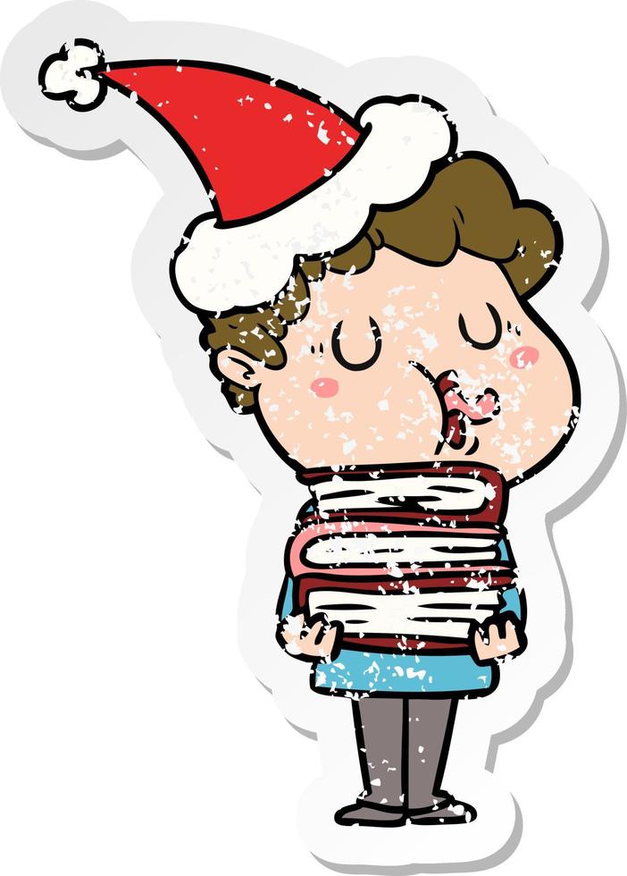 distressed sticker cartoon of a man singing wearing santa hat vector