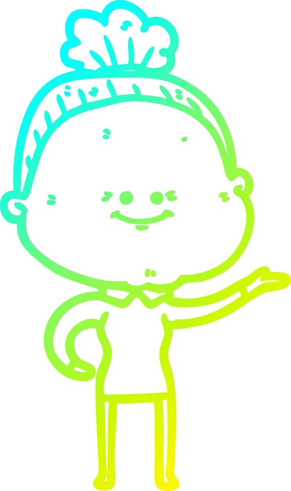 cold gradient line drawing cartoon happy old woman vector