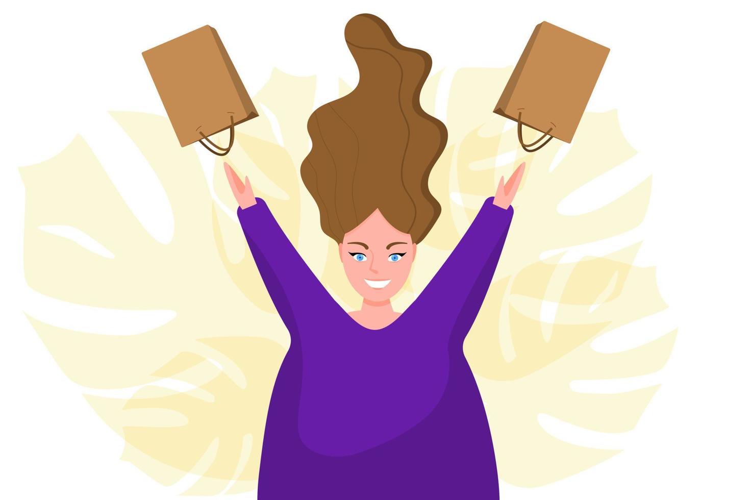 Happy woman with raised up hands and bags with purchases. Brunette jumping for joy with flying hair. Portrait of a beautiful woman with a smile in an oversized sweater vector
