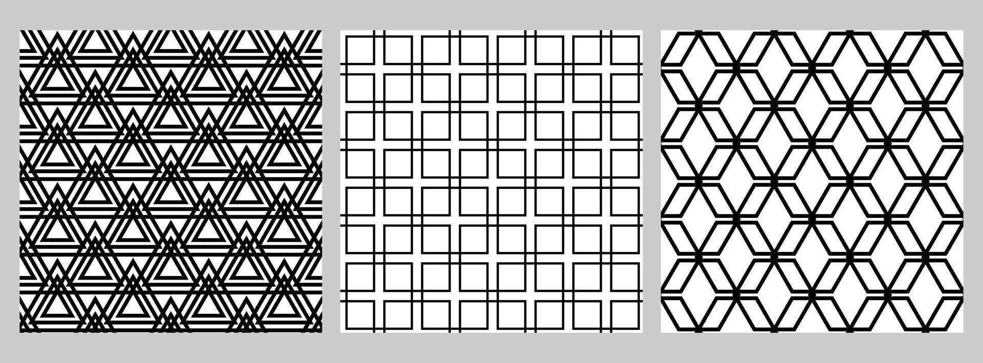 conjunto de patrones geométricos sin fisuras con figuras dispuestas en una cuadrícula. formas negras sobre fondo blanco. cuadrado, rombo, triángulo. vector